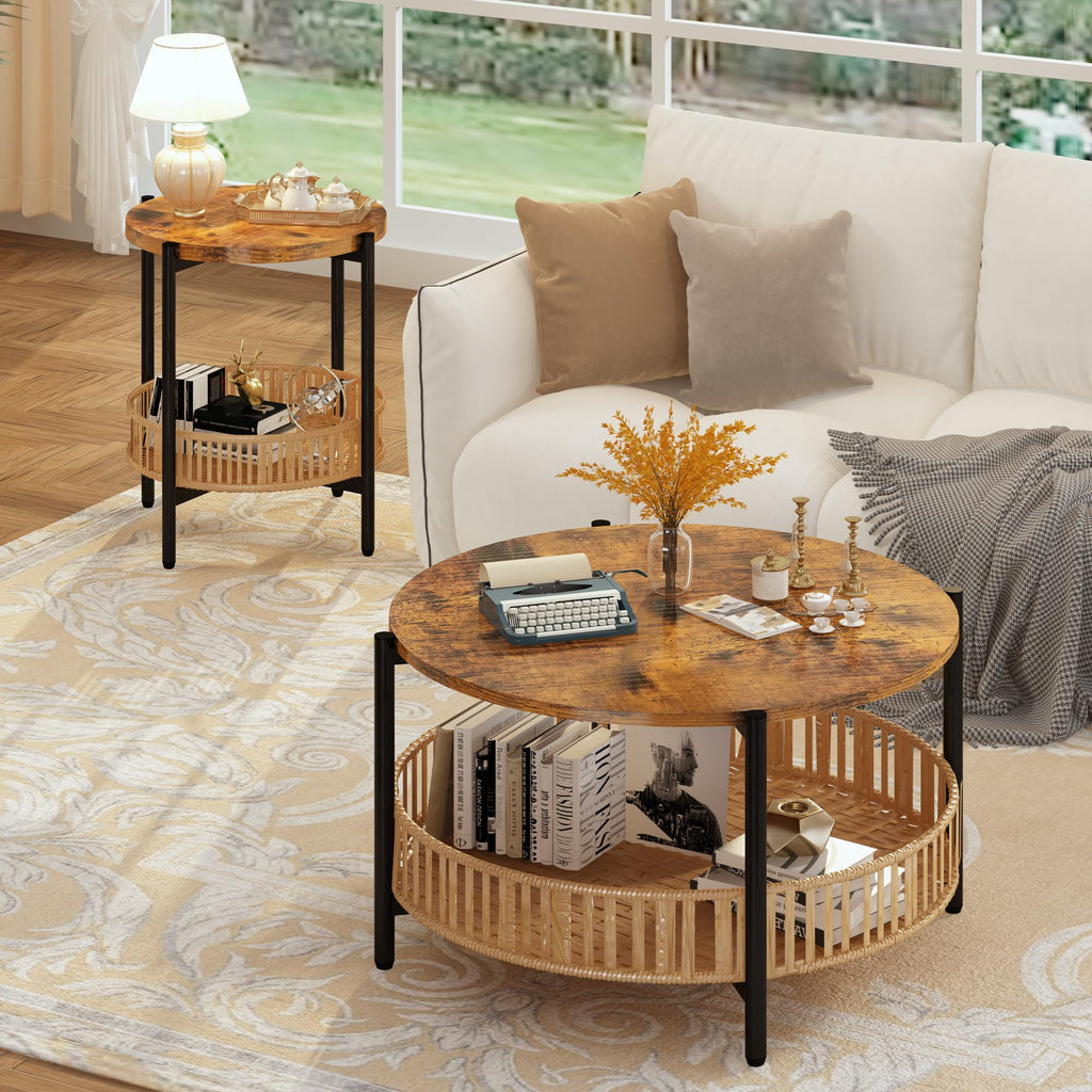 3 Pieces 2 Tier Round Rattan Coffee Table Set with Metal Frame M901255