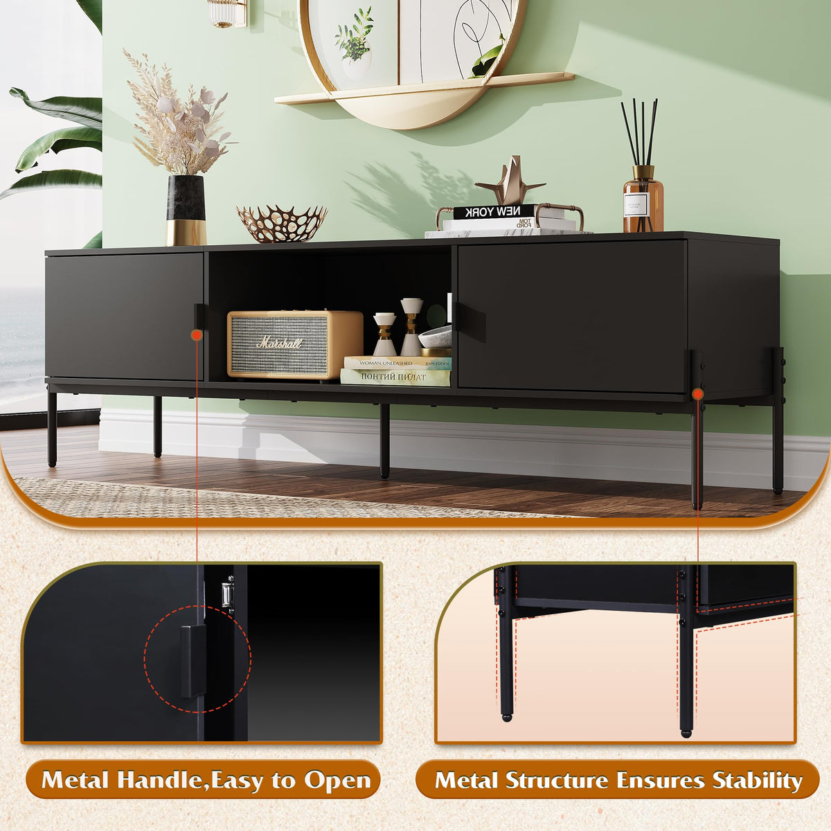 Black TV Stand with Metal Legs J942
