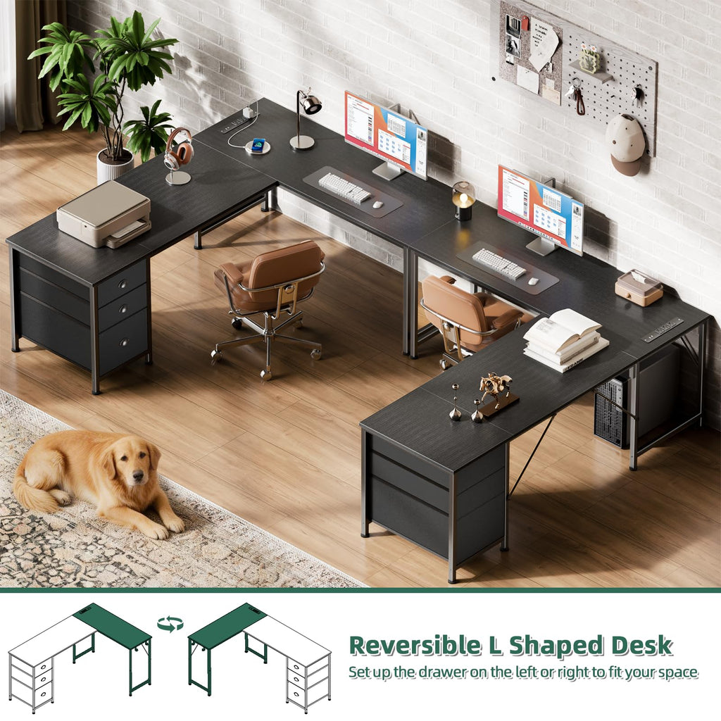 63" L Shaped Computer Desk with Outlets Black H396