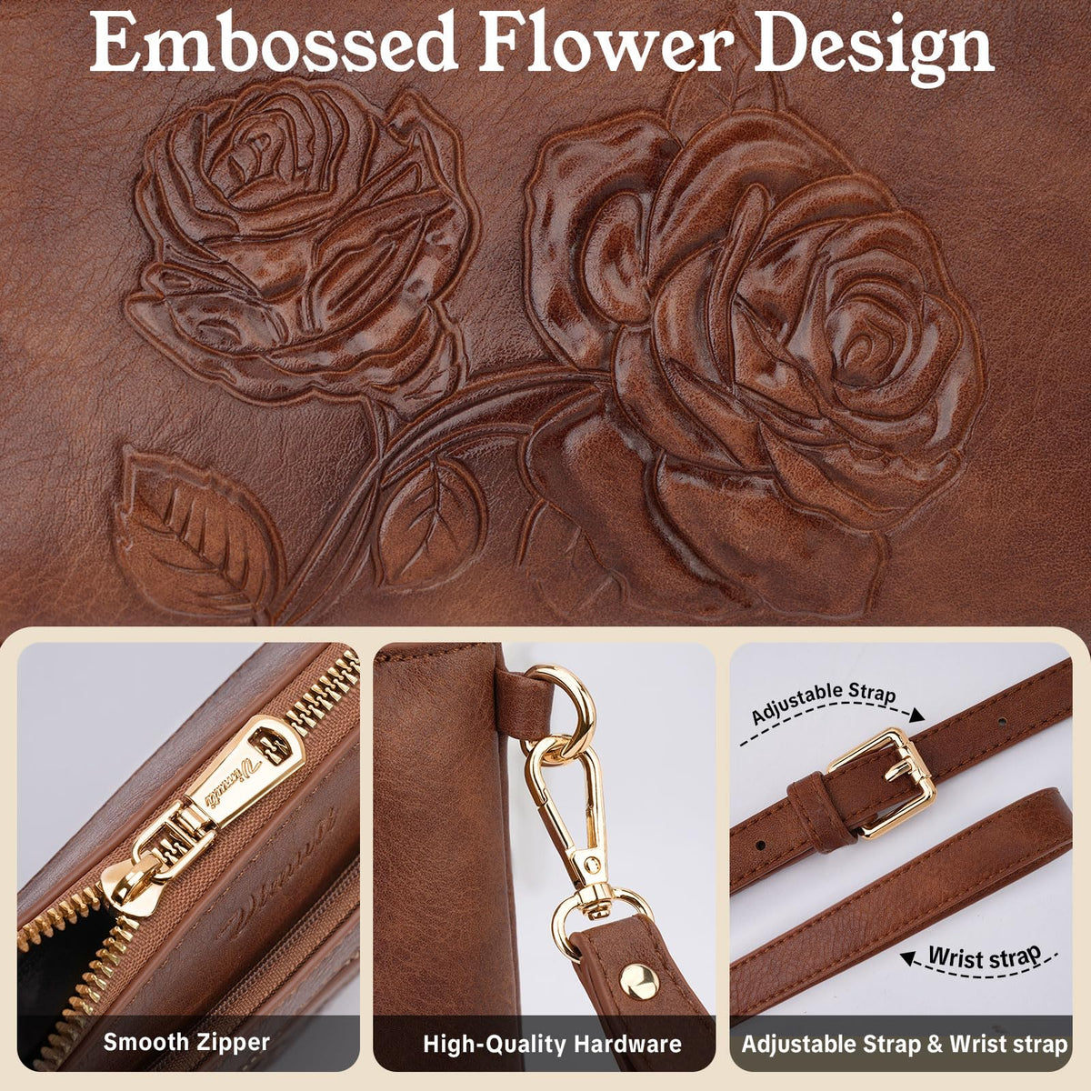 Floral Embossed Vegan Leather Crossbody Bag B354
