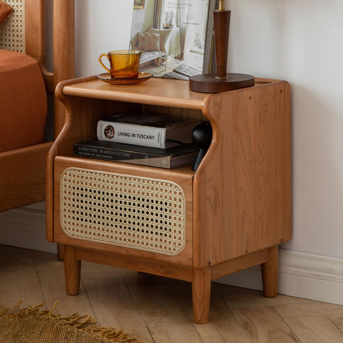 Cherry Wood Rattan Nightstand with Drawer X87835