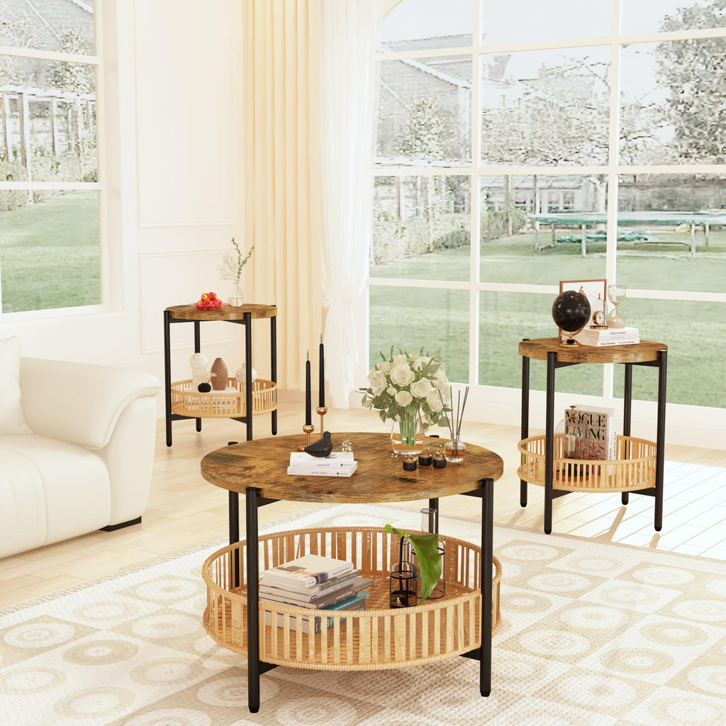 3 Pieces 2 Tier Round Rattan Coffee Table Set with Metal Frame M901255