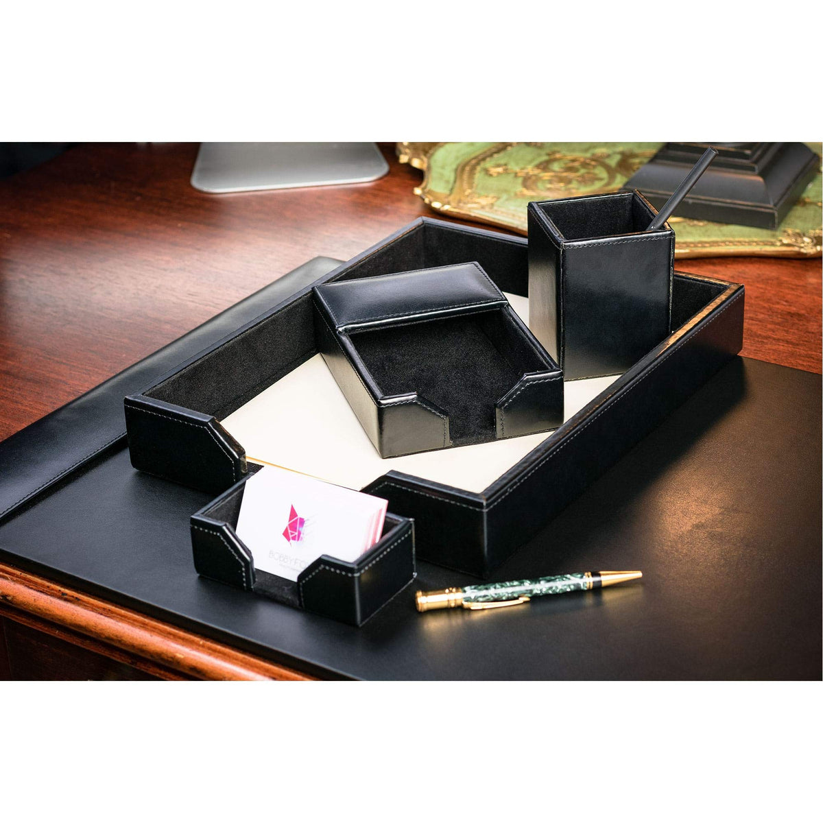 Black Bonded Leather 5-Piece Desk Set U19526
