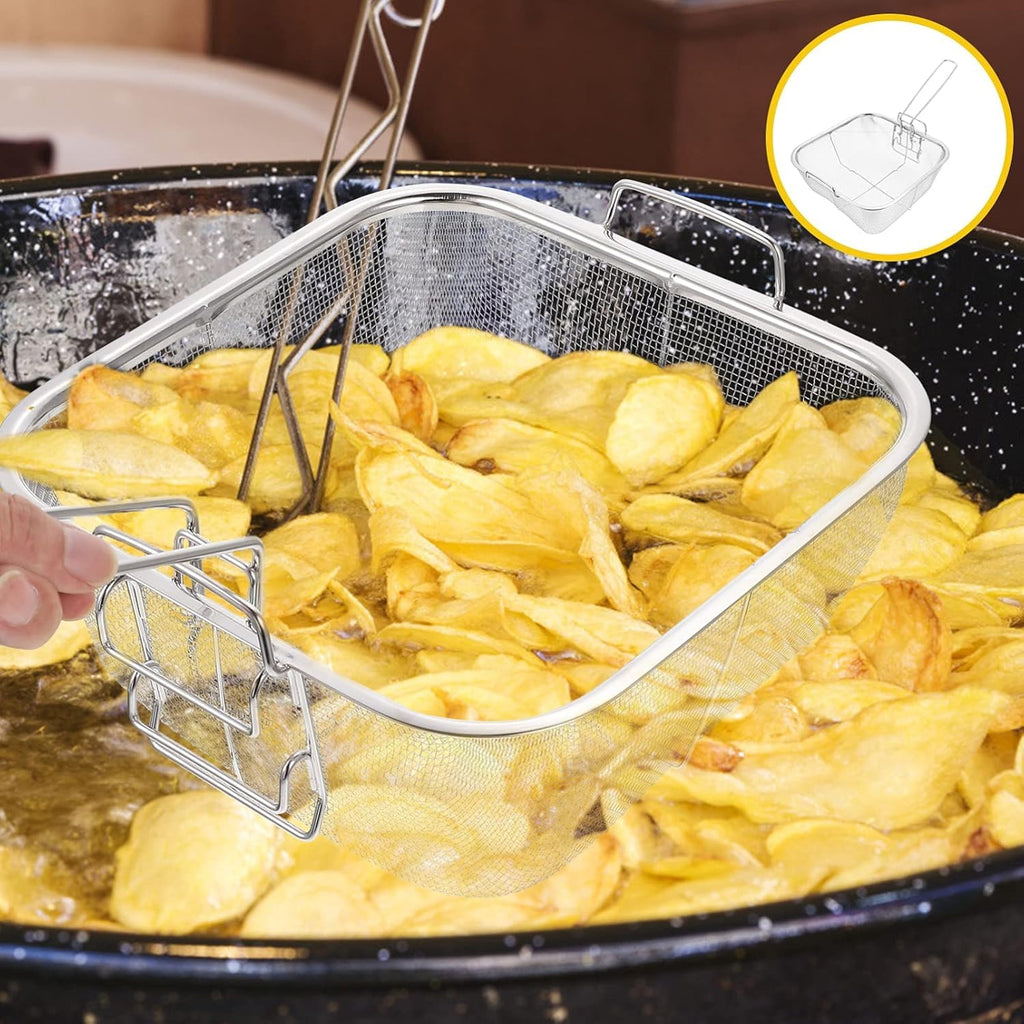 8 Inch Square Stainless Steel Wire Fry Basket with Folding Handle O374