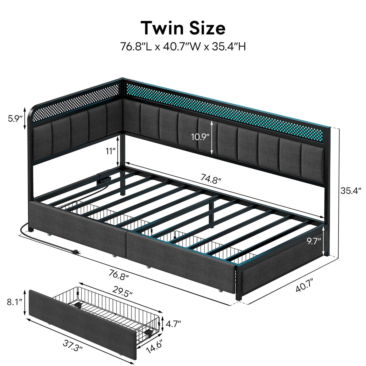 Twin Corner Bed Frame with Upholstered Guardrail B6412