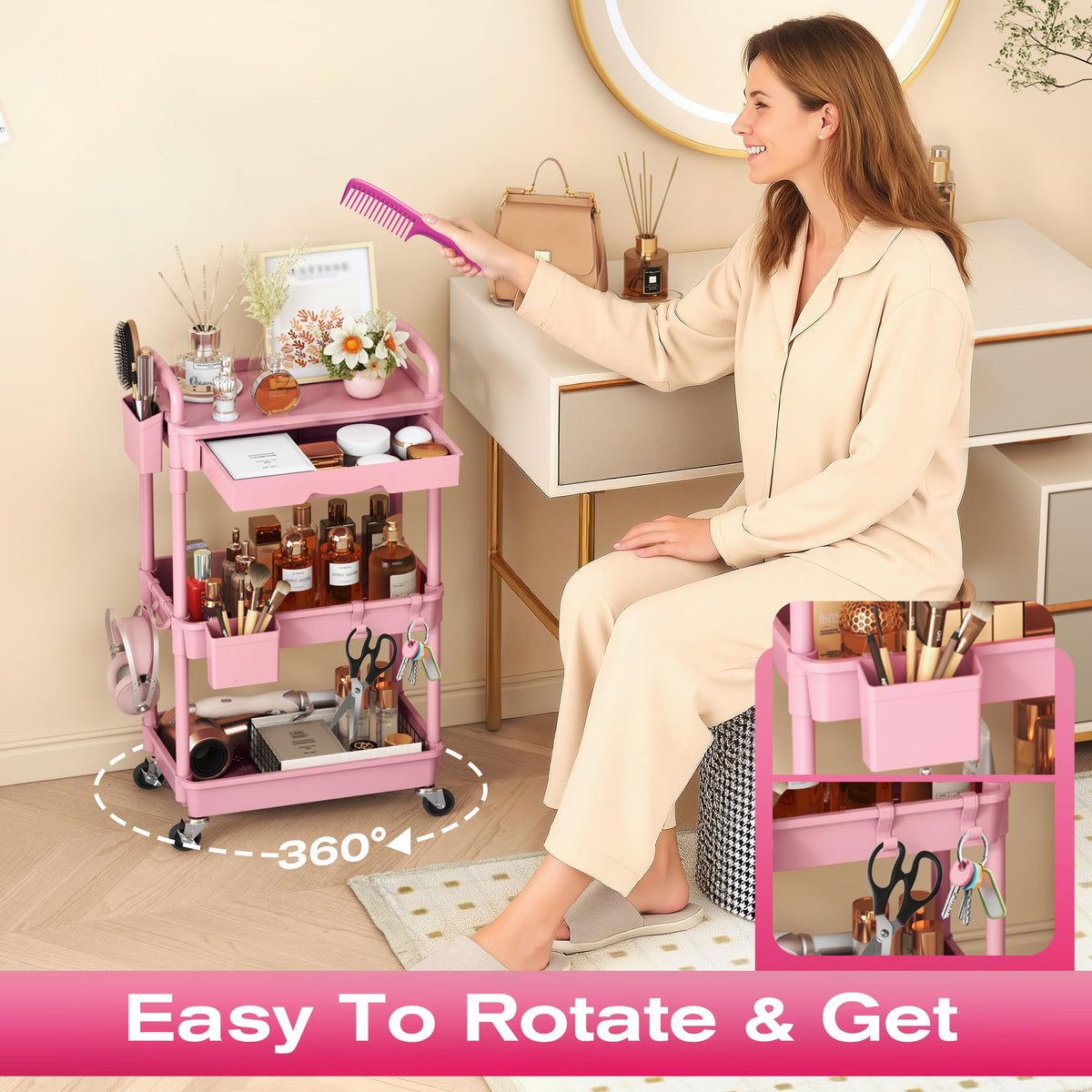 Pink 3 Tier Rolling Makeup Organizer Cart Y683933