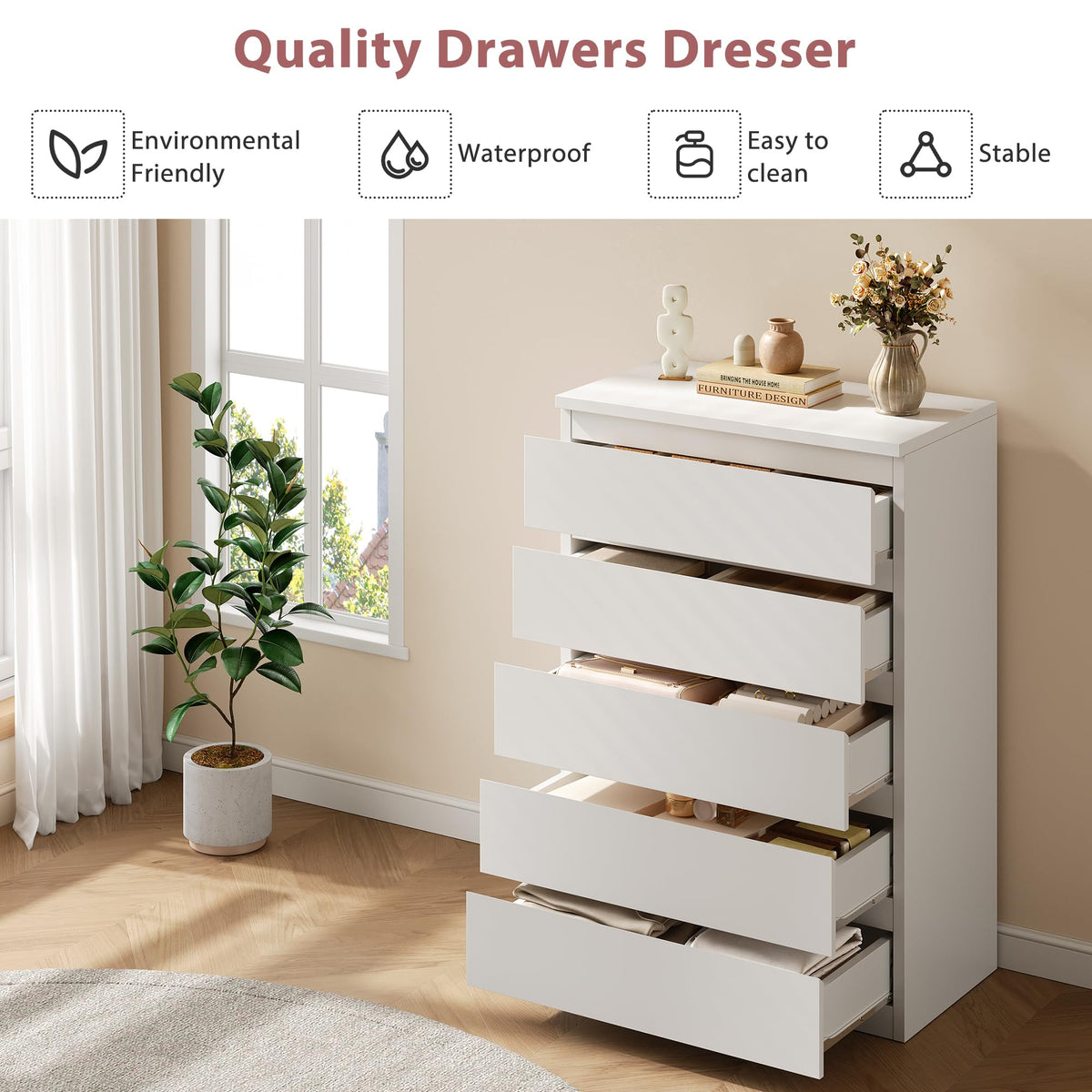 White 5 Drawer Dresser Chest of Drawers T81319