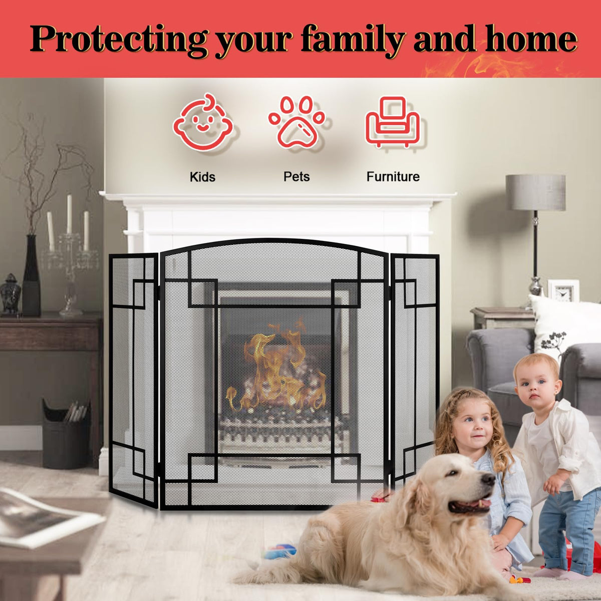 Fireplace Screen 3 Panel Wrought Iron N939
