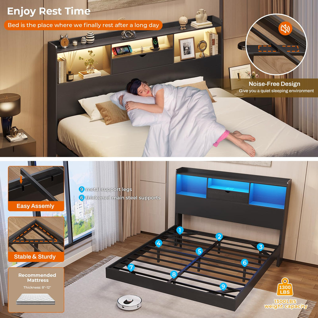 Queen Size Metal Platform Bed Frame with LED Lights and Storage Headboard U326