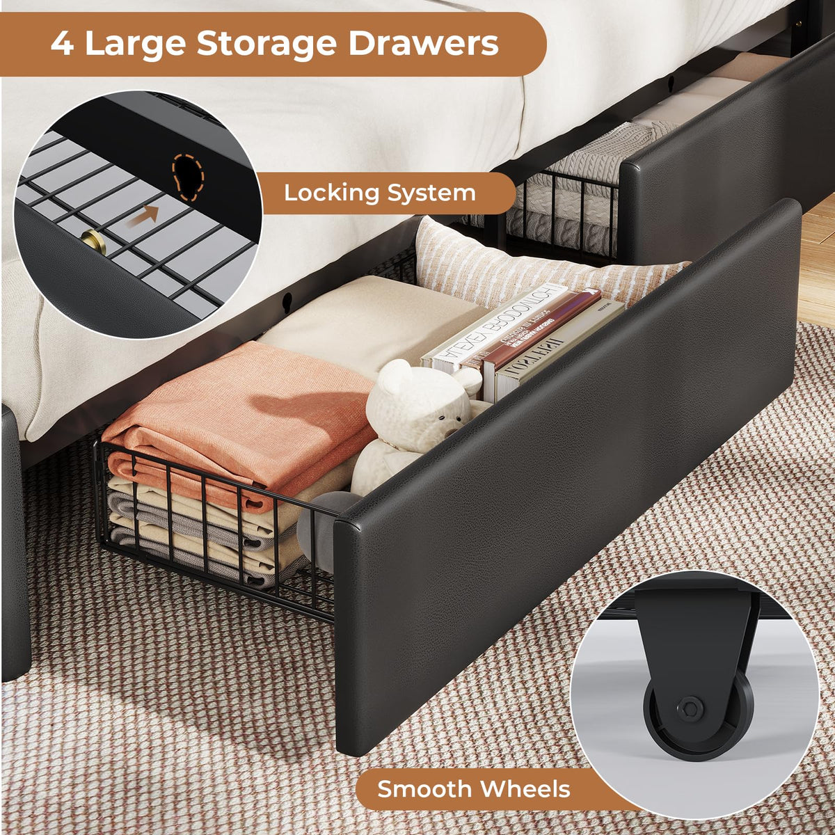 Black Full Size Upholstered Platform Bed Frame with Bookcase Headboard and 4 Drawers P907