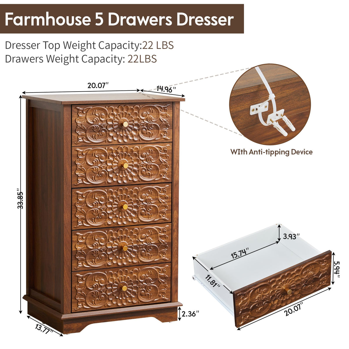 5 Drawer Narrow Wooden Dresser with Gold Handles N395304