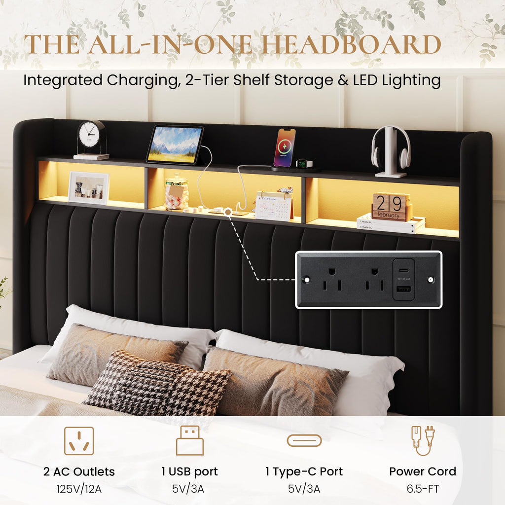 Full Size Velvet Upholstered Platform Bed Frame with Storage Shelf L21533