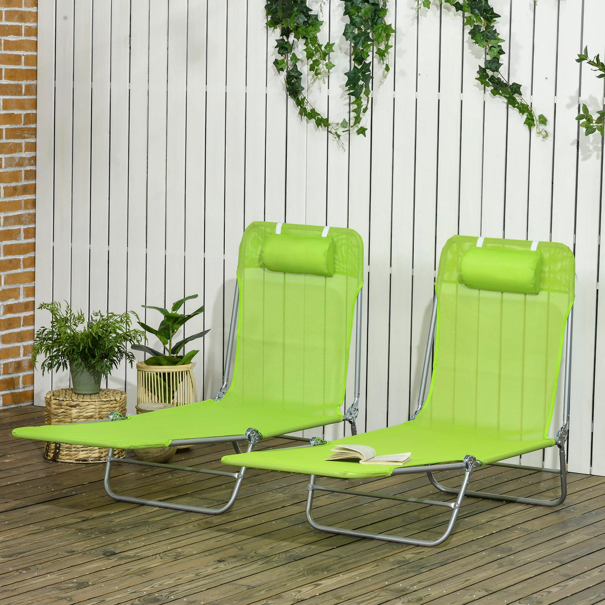 2 Piece Folding Chaise Lounge Chairs Reclining Back Green M249