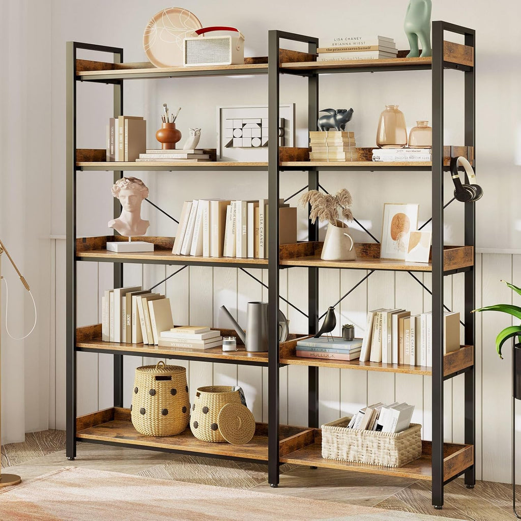 L-Shaped Corner Bookshelf 5 Tier Industrial Bookcase with 4 Hooks G639