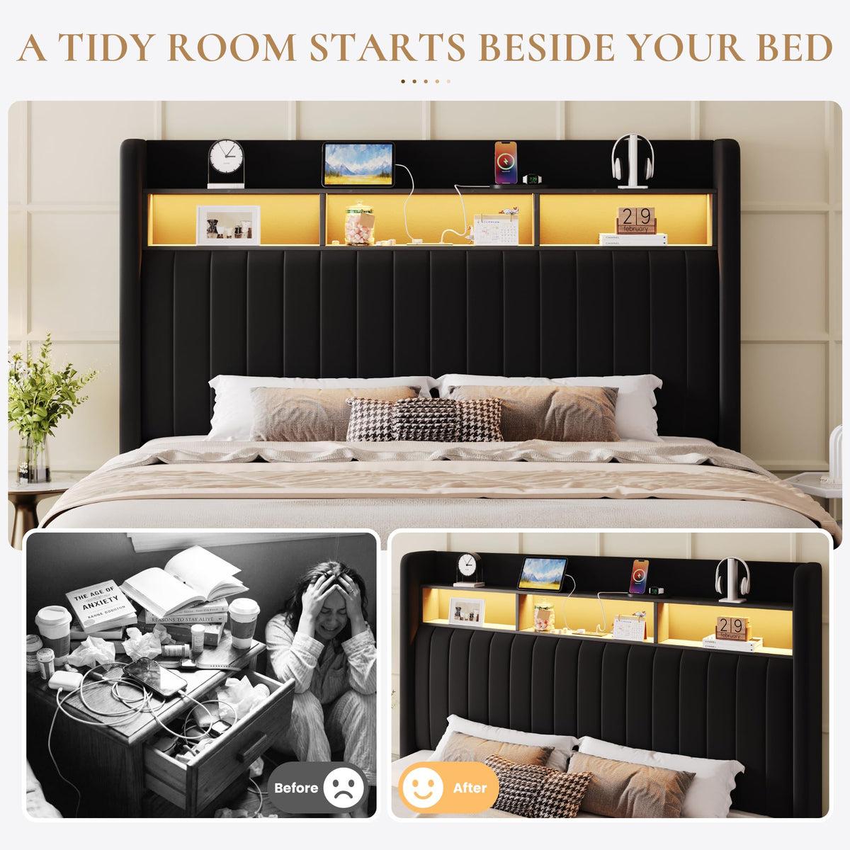 Full Size Velvet Upholstered Platform Bed Frame with Storage Shelf L21533