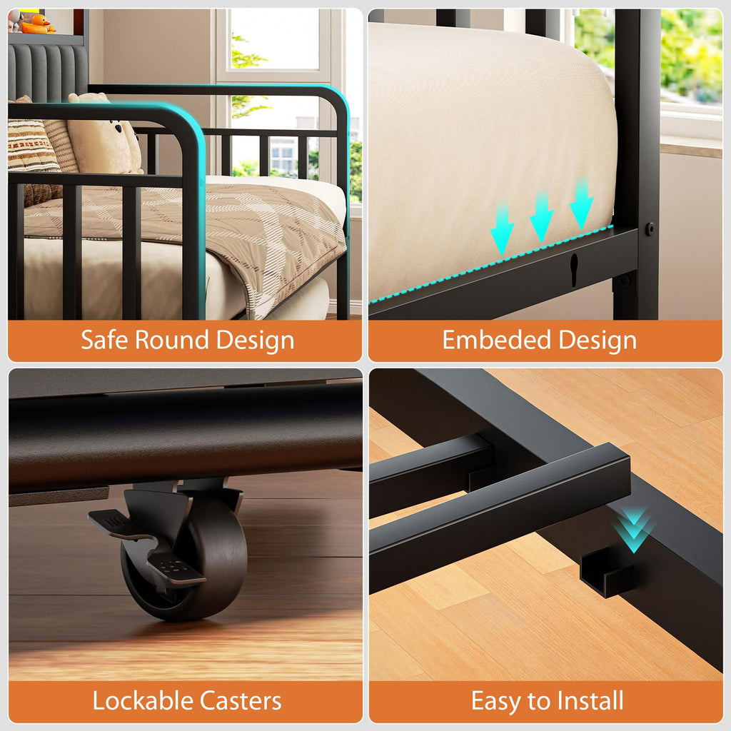Brown Metal Daybed with Trundle and Storage Headboard H361