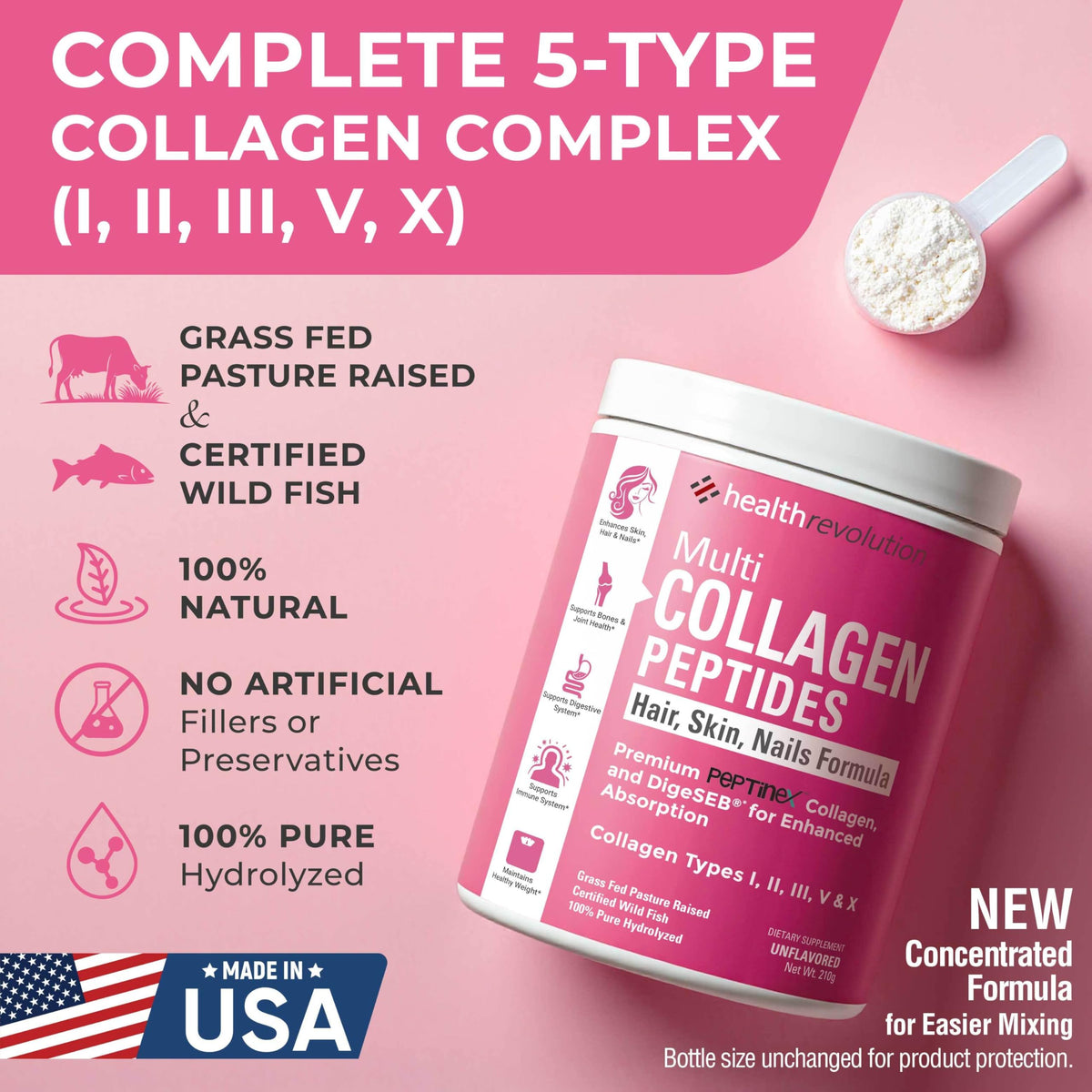 Hydrolyzed Multi Collagen Peptides Powder Types I, II, III, V, X Unflavored D5850