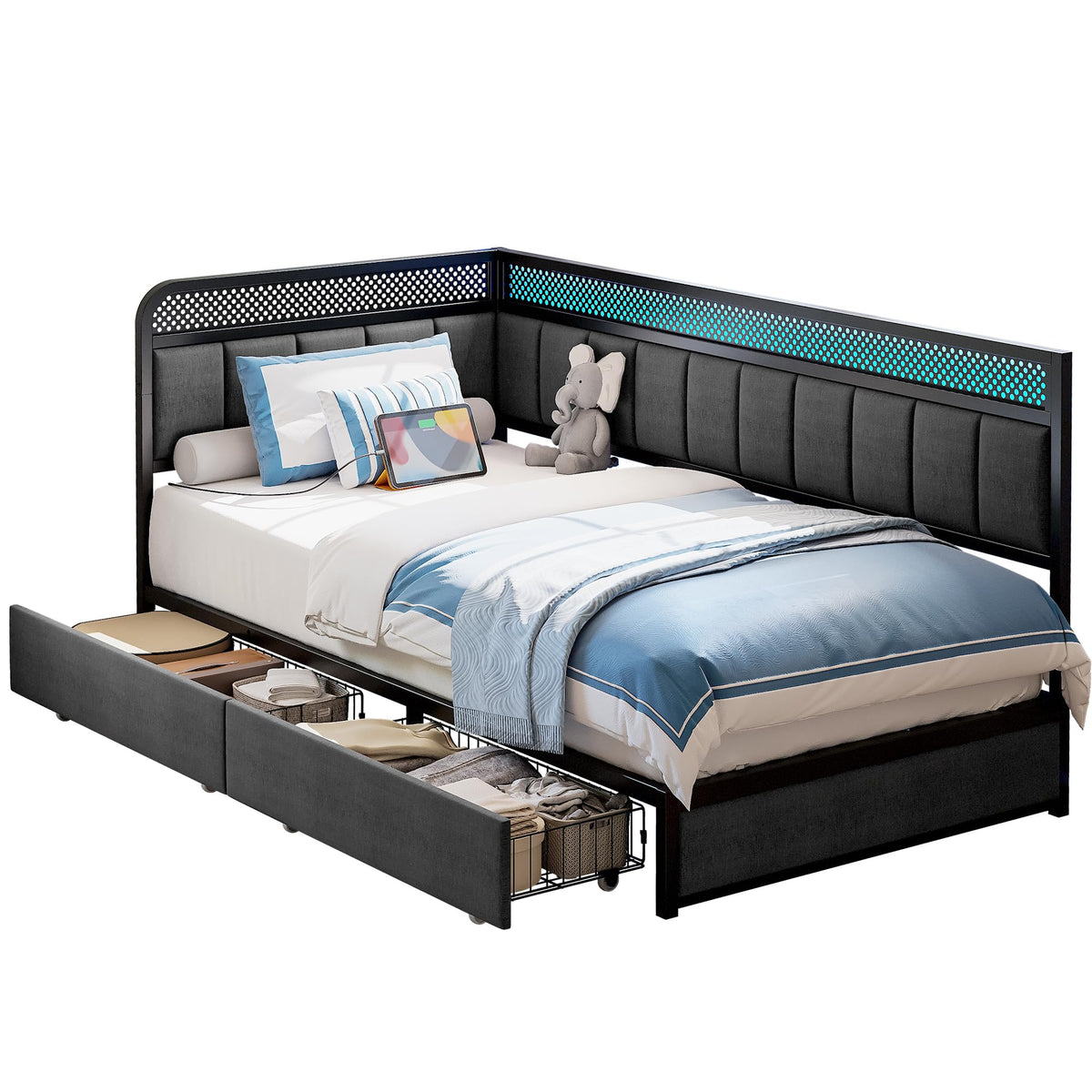 Twin Corner Bed Frame with Upholstered Guardrail B6412