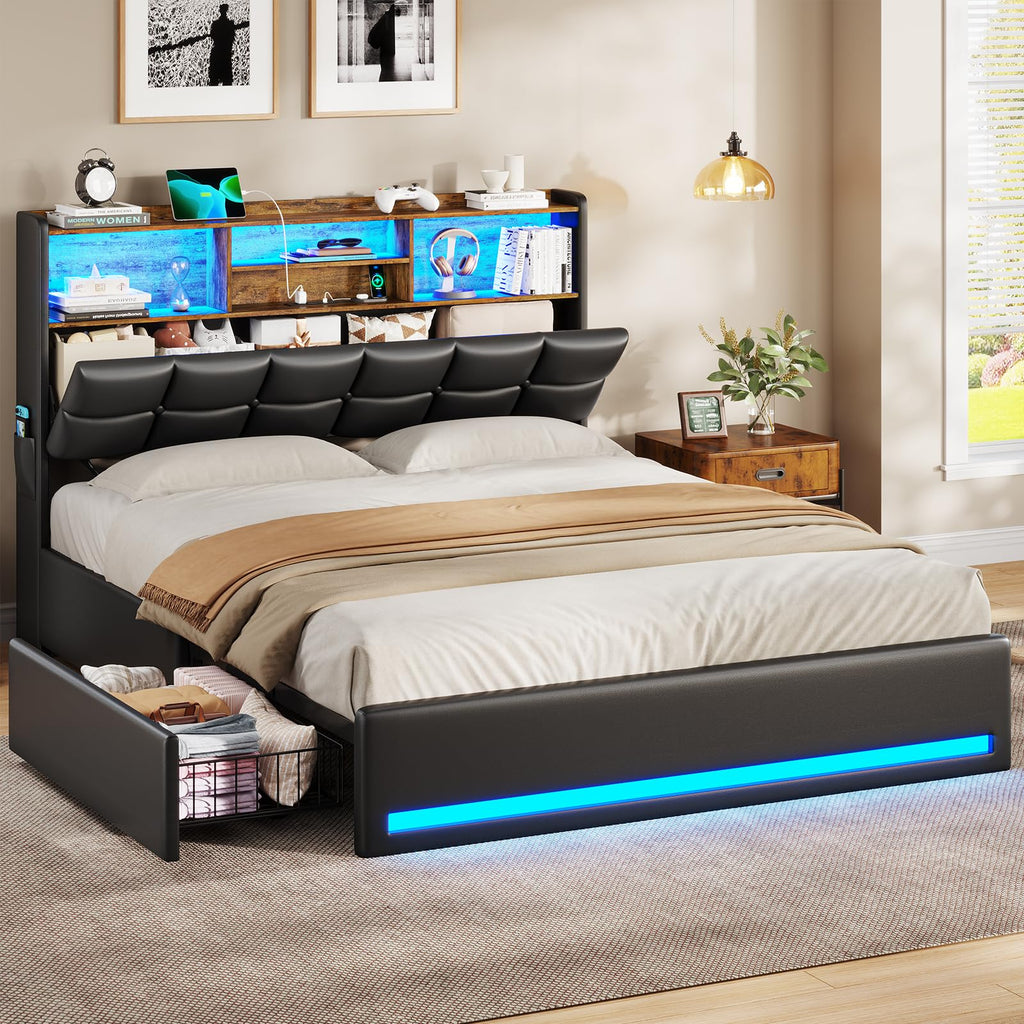 Black Full Size Upholstered Platform Bed Frame with Bookcase Headboard and 4 Drawers P907