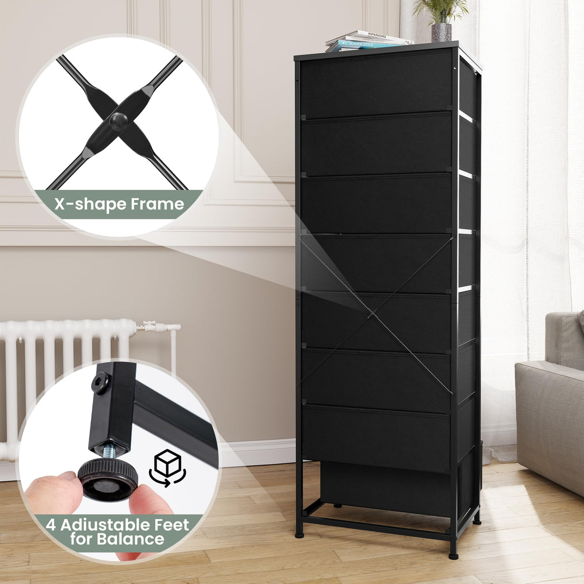 Black 8 Drawer Fabric Dresser M14078