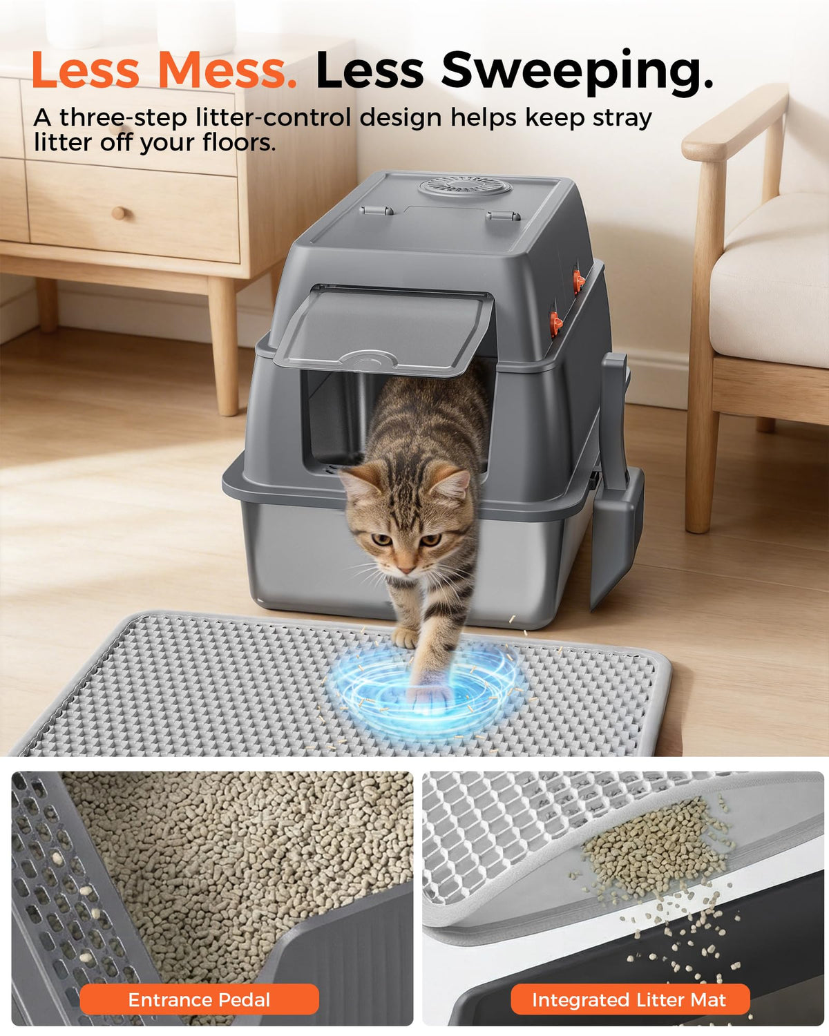 XXL Stainless Steel Enclosed Cat Litter Box with Lid, Mat & Scoop O551