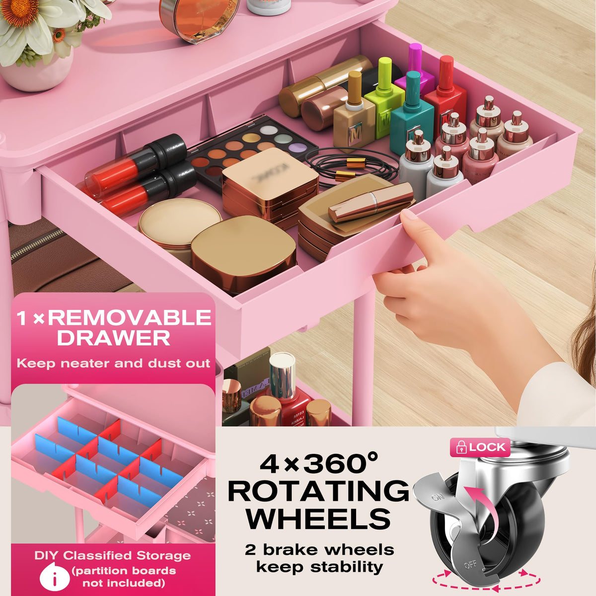 Pink 3 Tier Rolling Makeup Organizer Cart Y683933