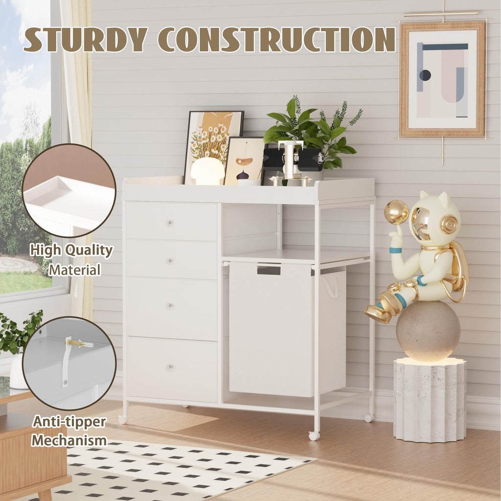White 4 Drawer Changing Table Dresser with Laundry Hamper X3078