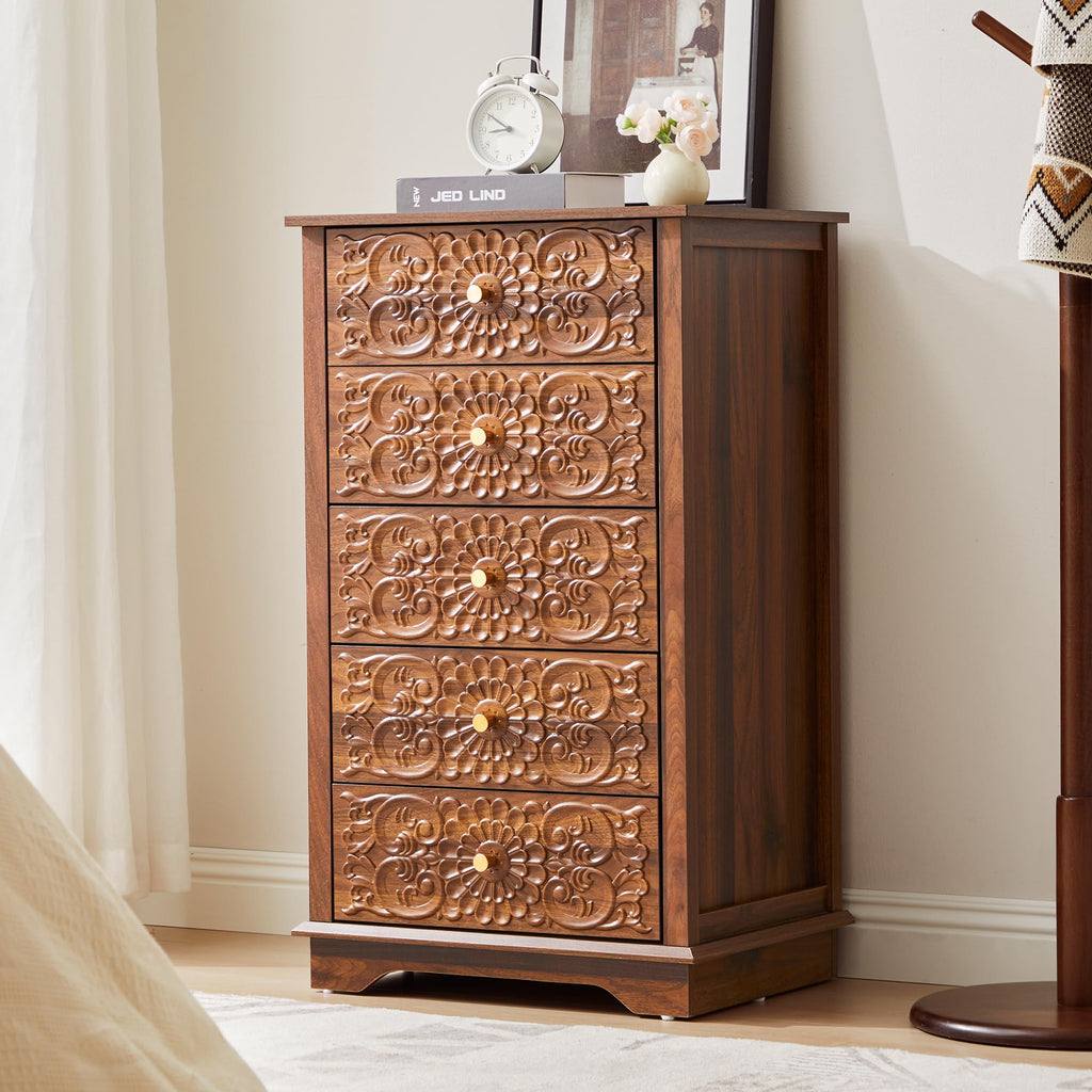 5 Drawer Narrow Wooden Dresser with Gold Handles N395304