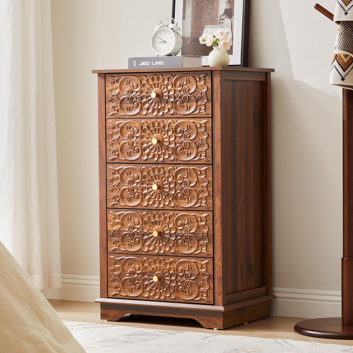 5 Drawer Narrow Wooden Dresser with Gold Handles N395304