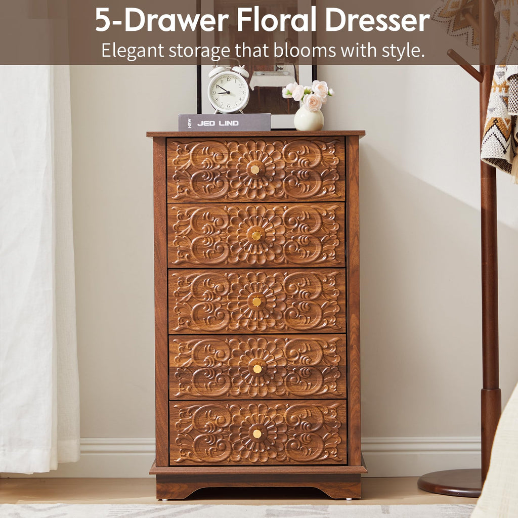 5 Drawer Narrow Wooden Dresser with Gold Handles N395304