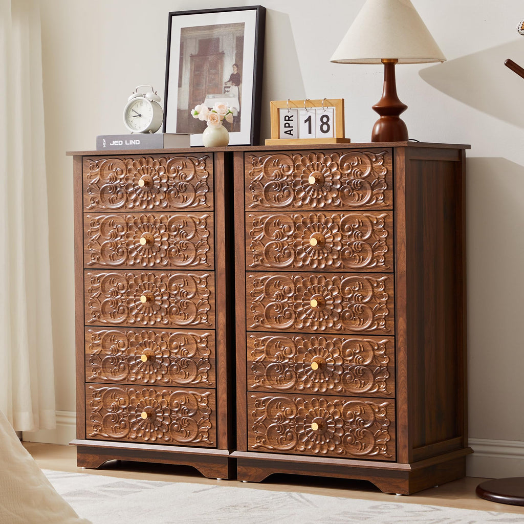 5 Drawer Narrow Wooden Dresser with Gold Handles N395304