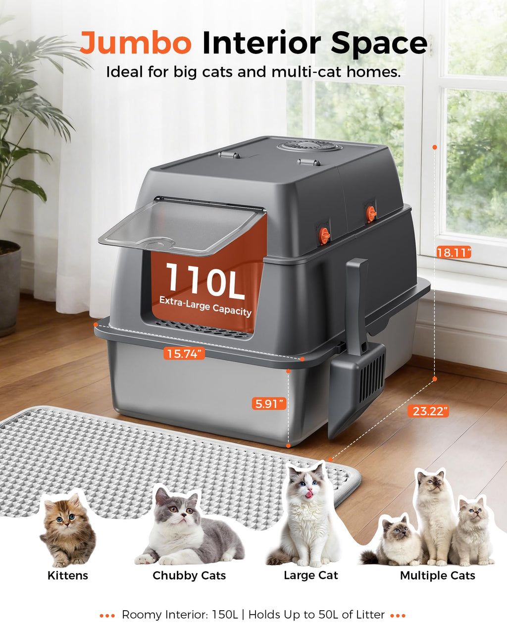XXL Stainless Steel Enclosed Cat Litter Box with Lid, Mat & Scoop O551