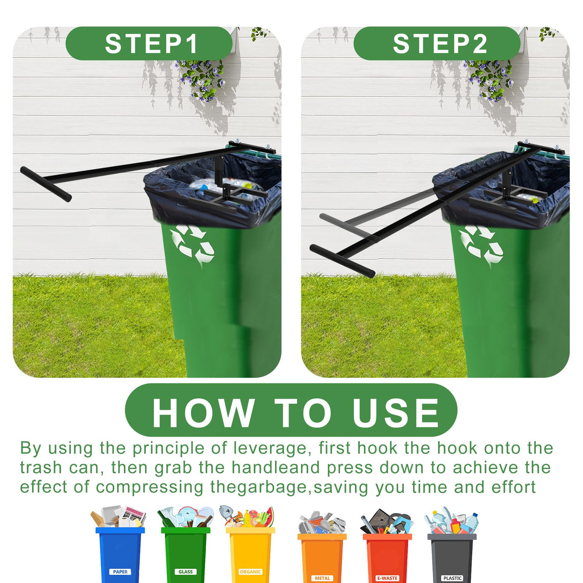 Black Manual Trash Compactor Adjustable Handle W4457