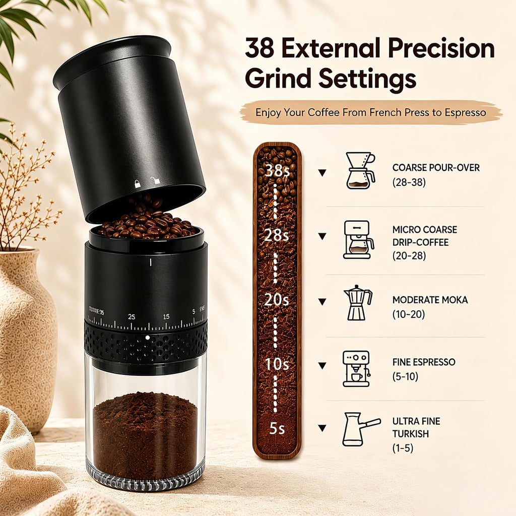 Portable Electric Coffee Grinder, Stainless Steel Conical Mill, USB-C Cordless, 38 Adjustable Grind Settings O746