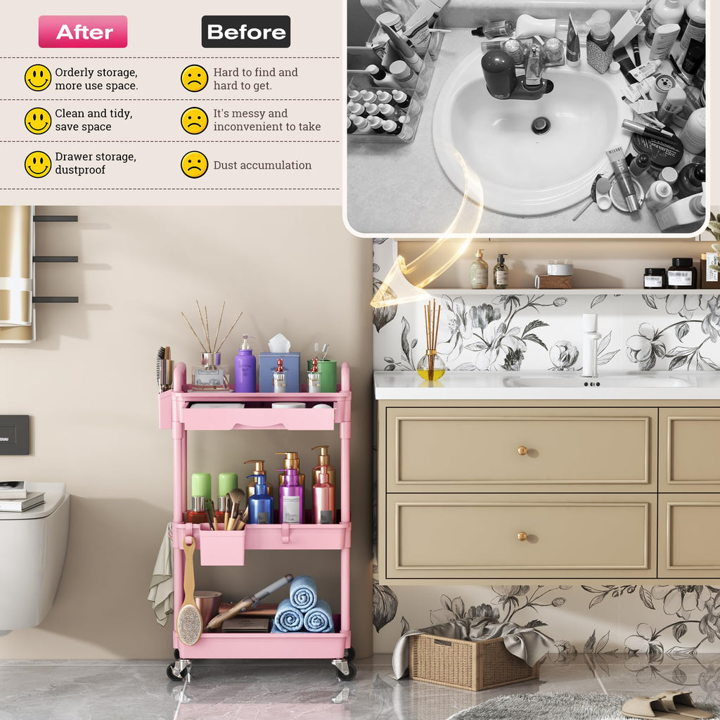 Pink 3 Tier Rolling Makeup Organizer Cart Y683933