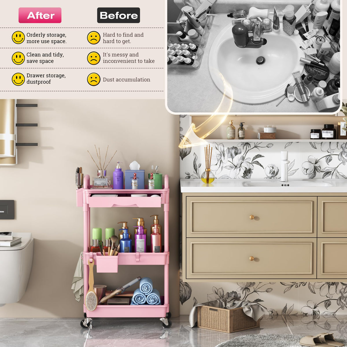 Pink 3 Tier Rolling Makeup Organizer Cart Y683933