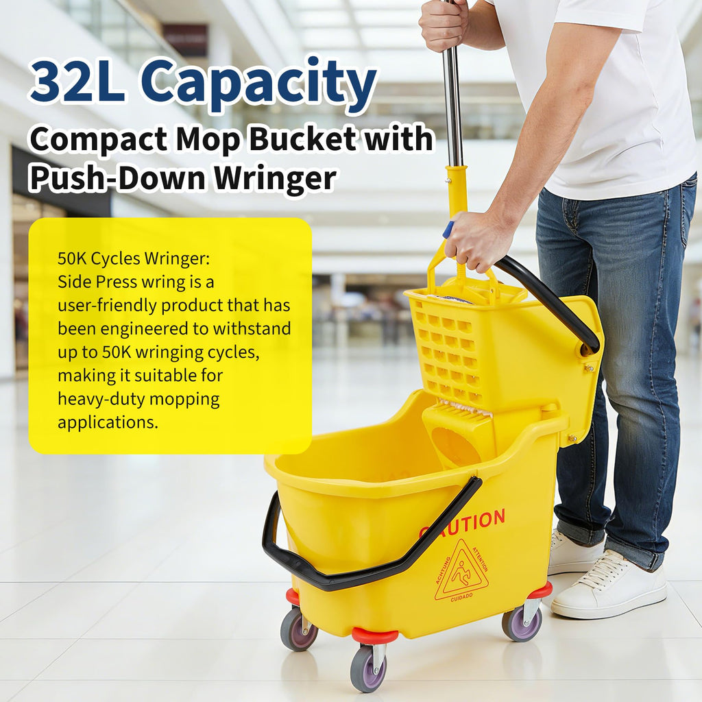 Yellow 35 Quart Commercial Mop Bucket with Side Press Wringer on Wheels V159