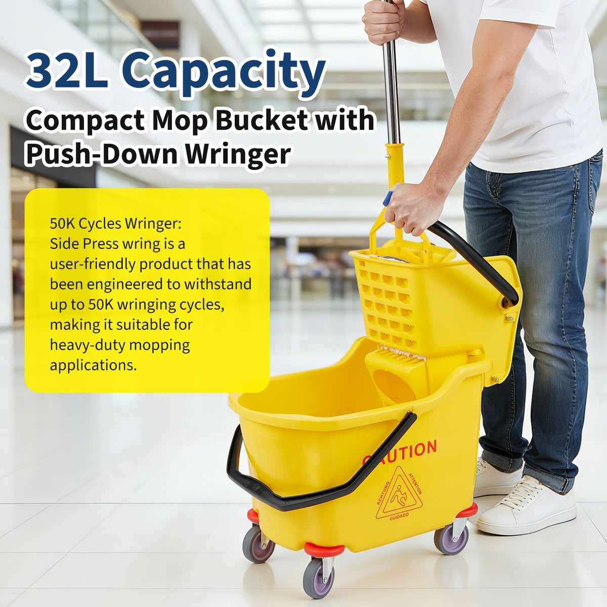 Yellow 35 Quart Commercial Mop Bucket with Side Press Wringer on Wheels V159