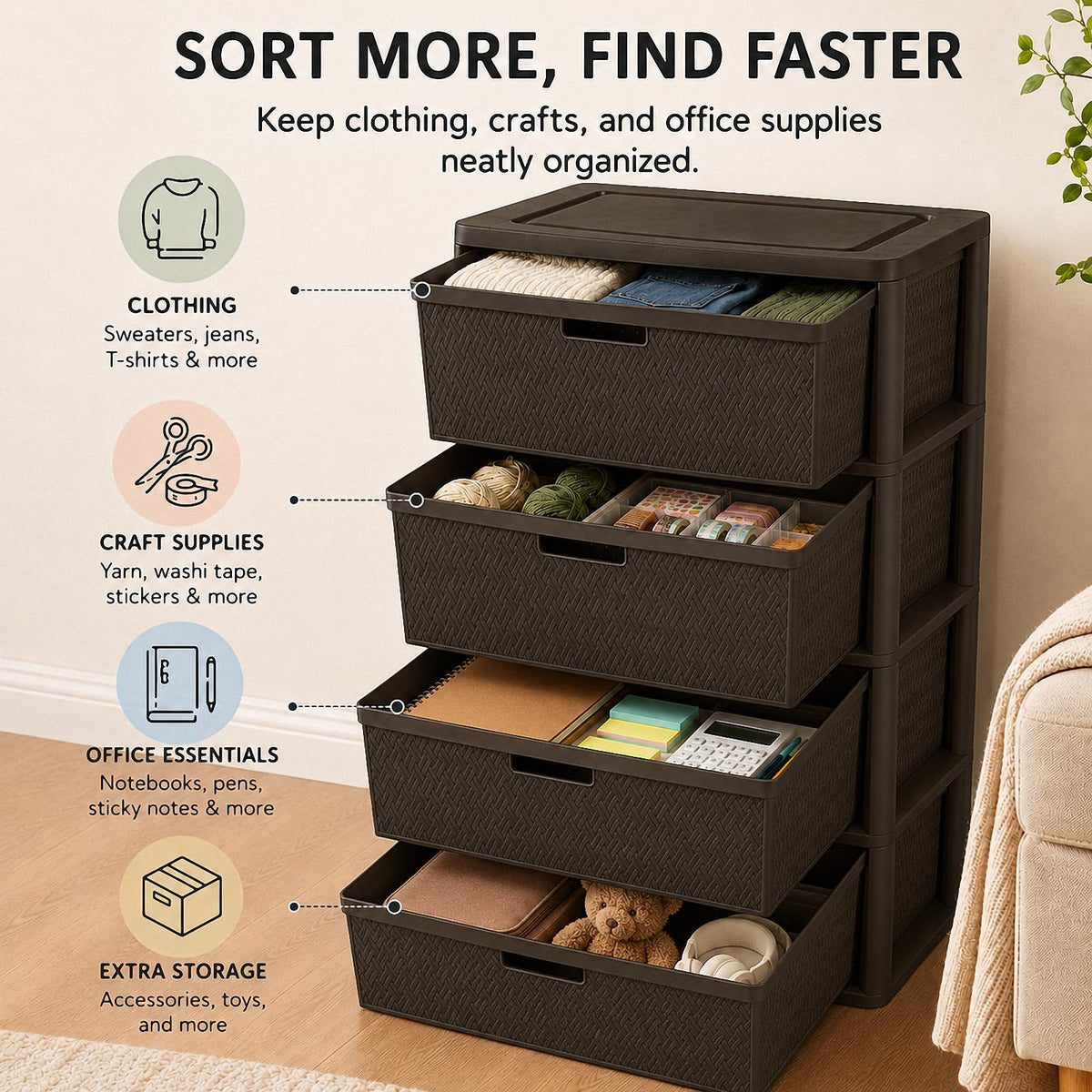 Brown 4-Drawer Plastic Storage Tower Q679972