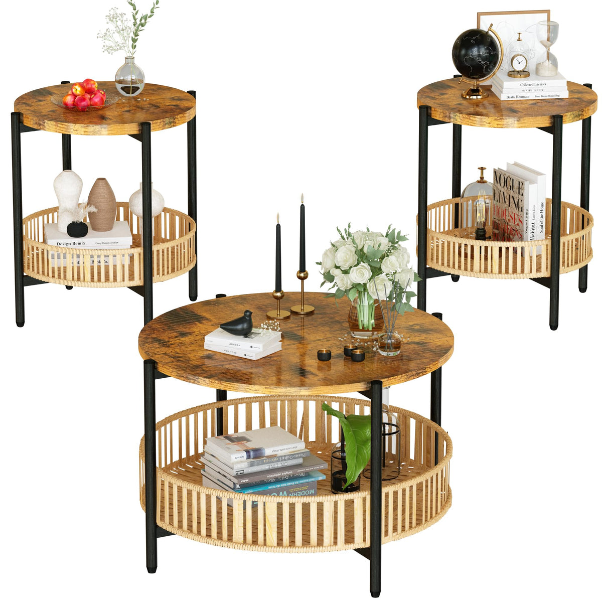 3 Pieces 2 Tier Round Rattan Coffee Table Set with Metal Frame M901255