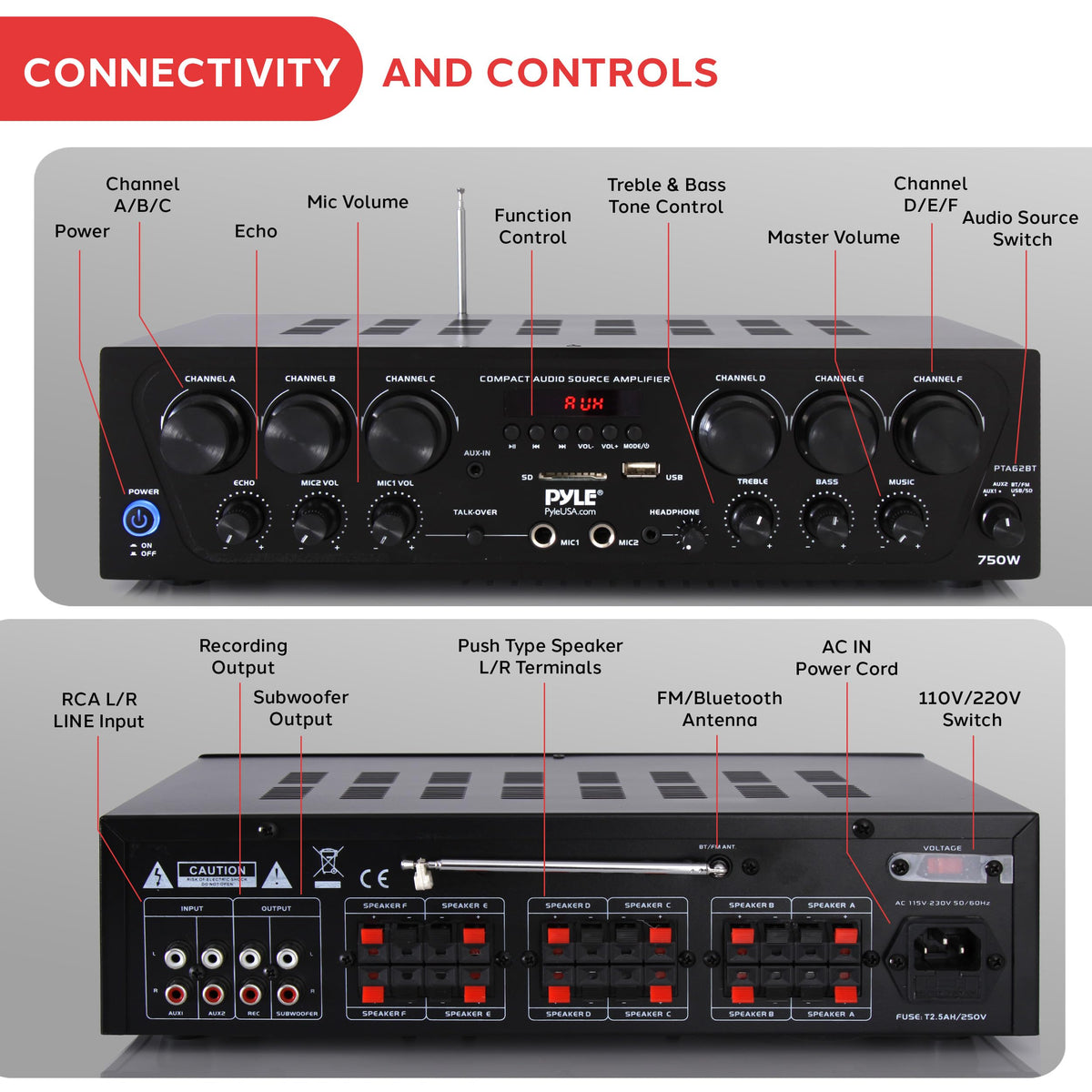 6 Channel 750 Watt Bluetooth Wireless Home Amplifier J67455