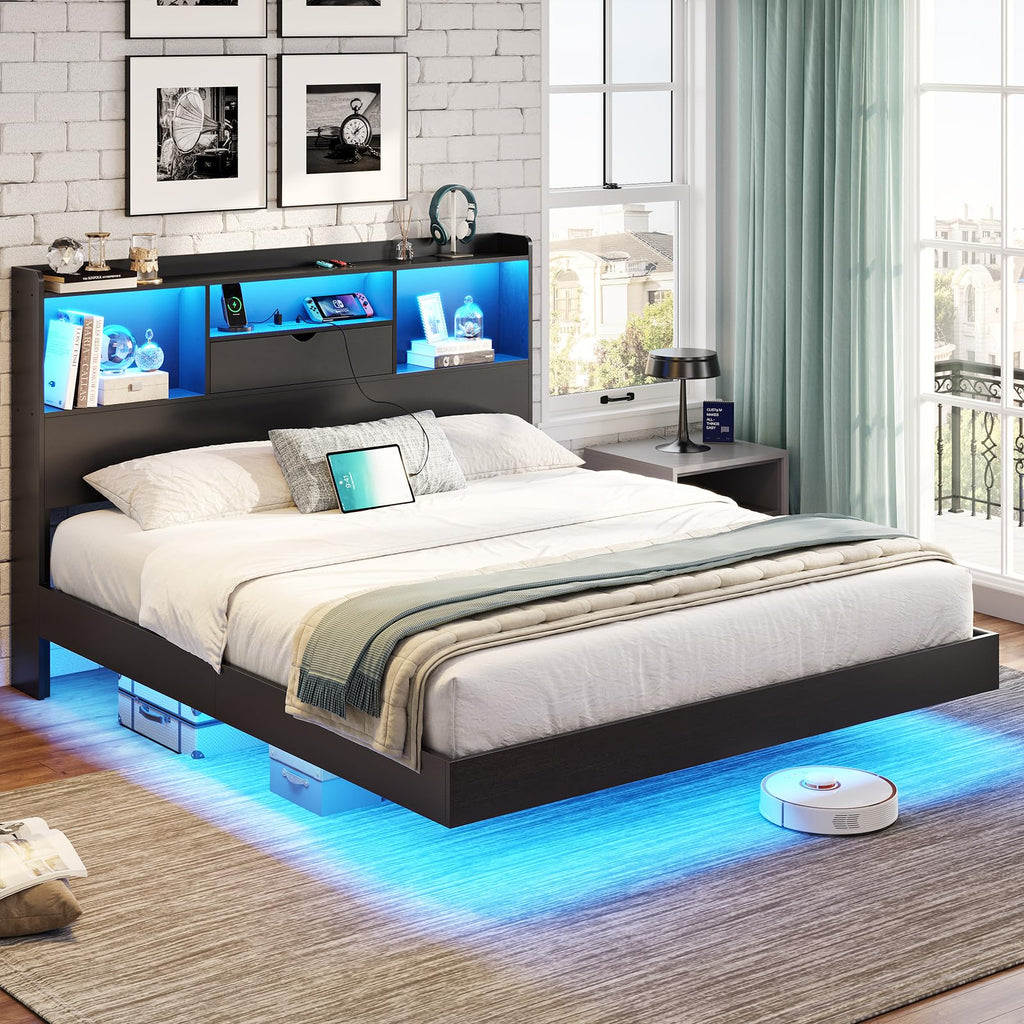 Queen Size Metal Platform Bed Frame with LED Lights and Storage Headboard U326