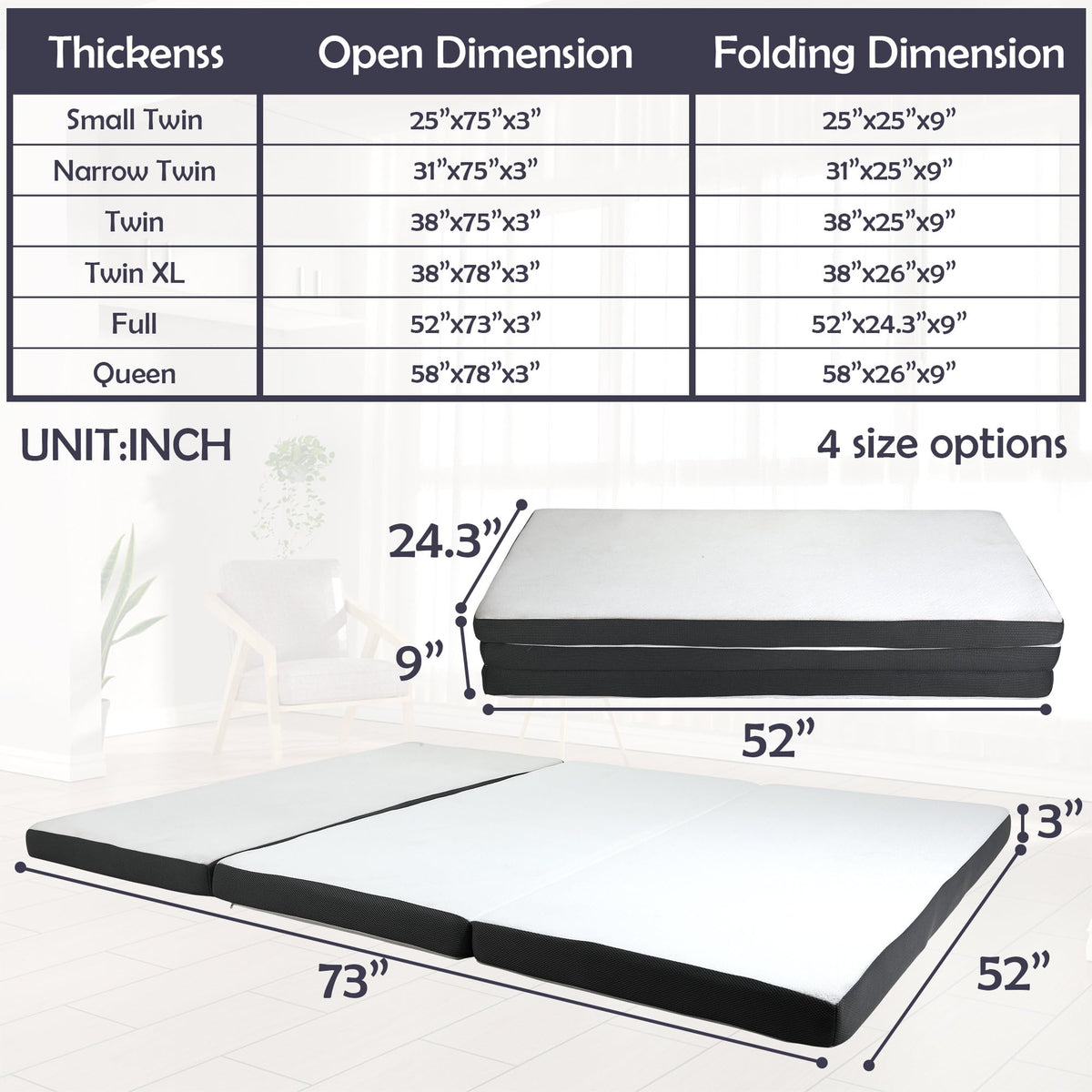 Memory Foam Folding Mattress Full 3 Inch Trifold with Washable Cover E21904