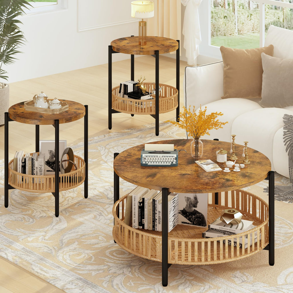 3 Pieces 2 Tier Round Rattan Coffee Table Set with Metal Frame M901255