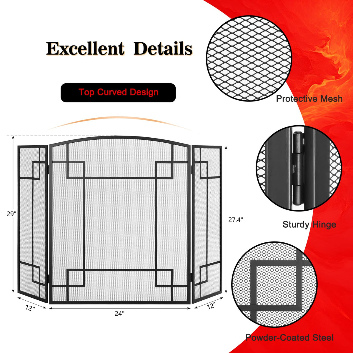 Fireplace Screen 3 Panel Wrought Iron N939