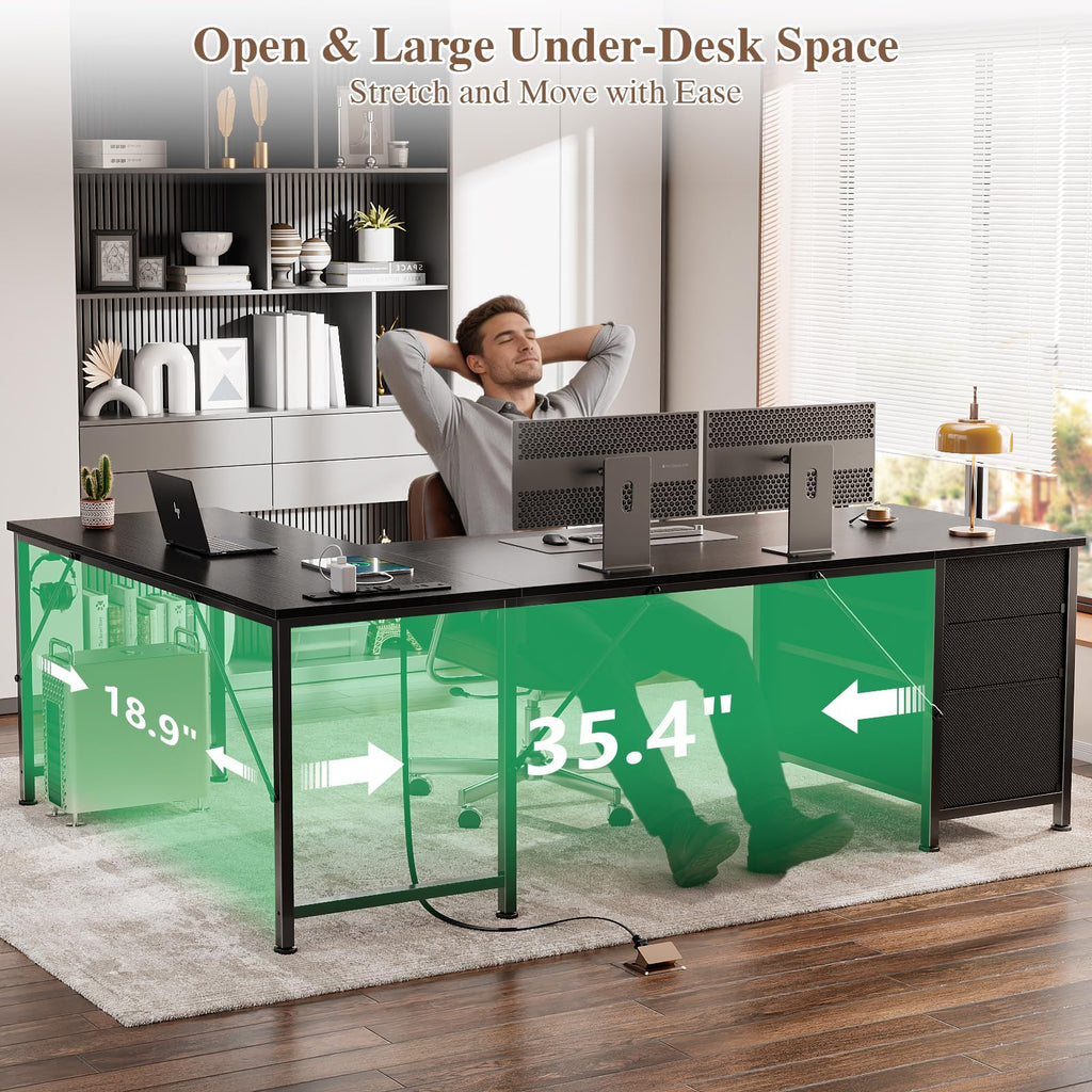 63" L Shaped Computer Desk with Outlets Black H396