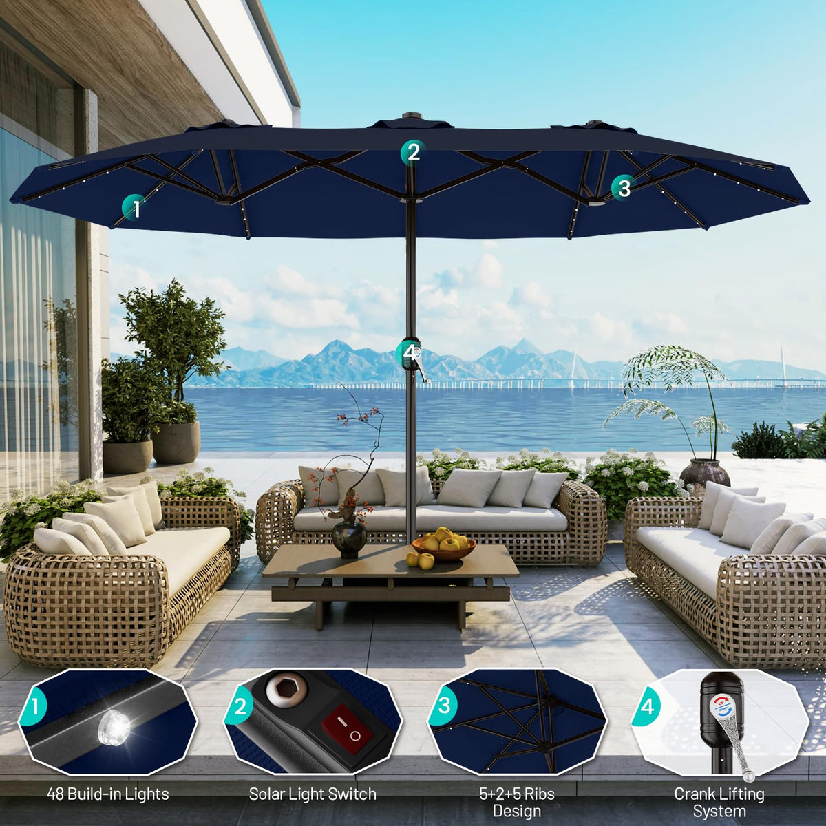 15FT Double Sided Solar Lights Patio Umbrella O301