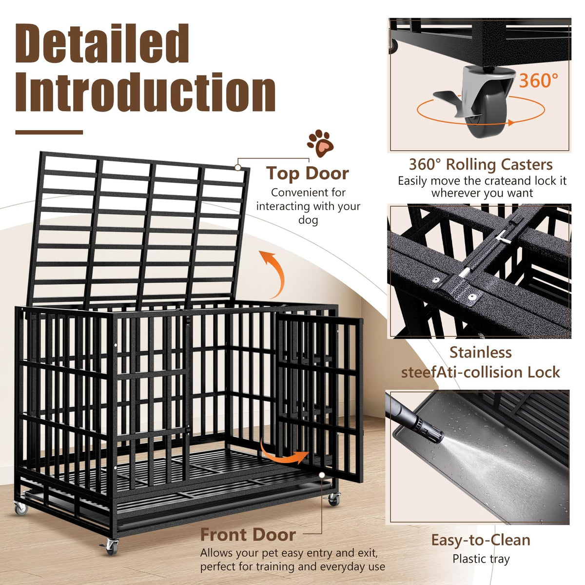 48 Inch Heavy Duty Dog Crate Kennel with Wheels C272