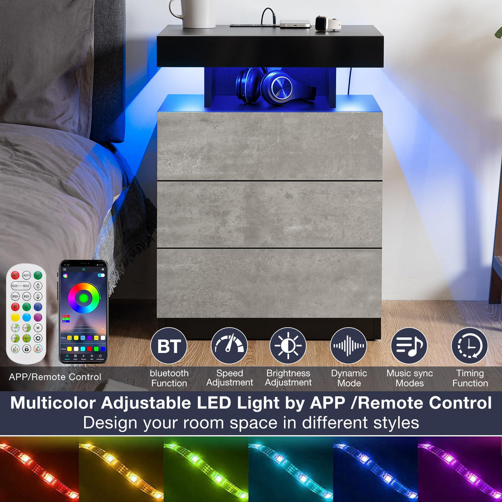 LED Nightstand with Wireless Charging Station & USB Ports, 3 Drawer High Gloss Gray U998200