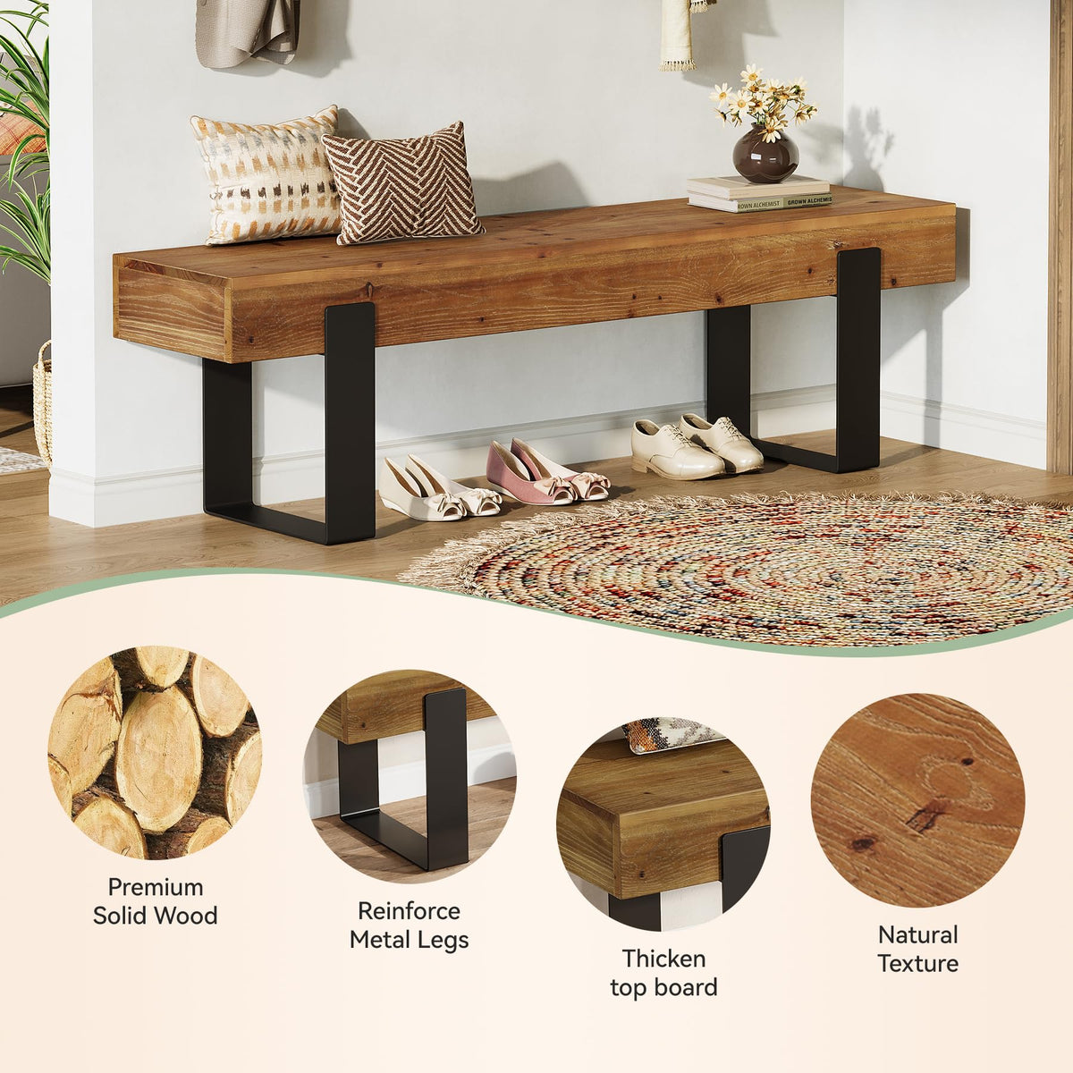 Solid Wooden Entryway Bench with Metal Legs T982588